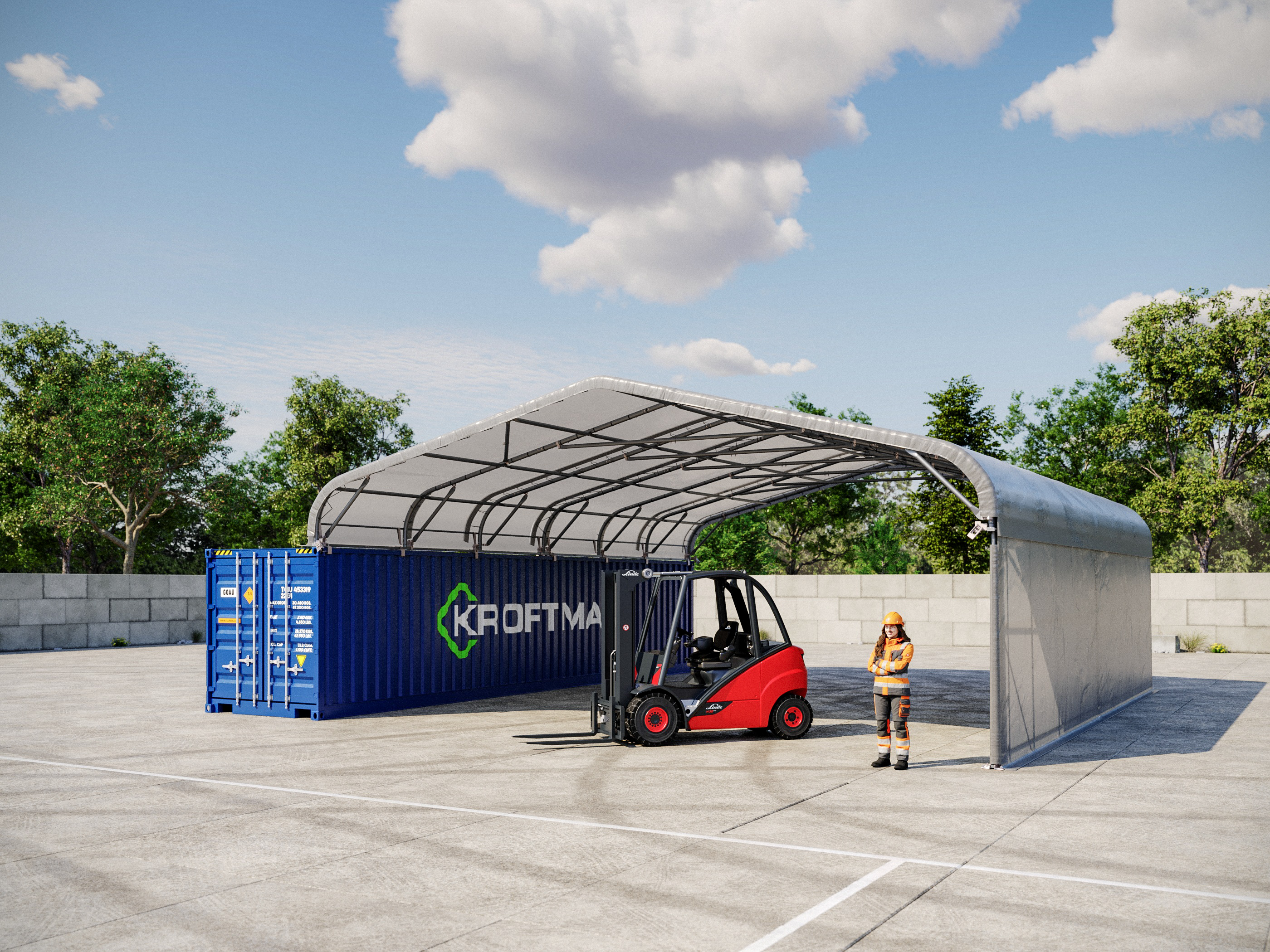 Container shelter 10 x 12 m saddle roof with side wall | Kroftman