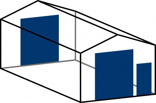 1 x overhead door 415x318 cm (H x W) and 1 x man door in front wall + 1 x overhead door 415x318 cm (H x W) in back wall