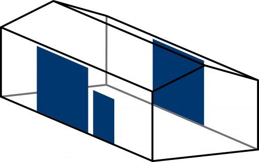 1 x overheaddeur 300x274 cm (H x B) en 1 x loopdeur in zijwand + 1 x overheaddeur 300x274 cm (H x B) in tegenoverliggende zijwand