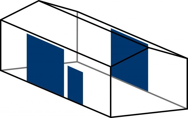 1 x Sektionaltor 245x275 cm (H x B) und 1 x Eingangstür in Seitenwand + 1 x Sektionaltor 245x275 cm (H x B) in gegenüberliegender Seitenwand